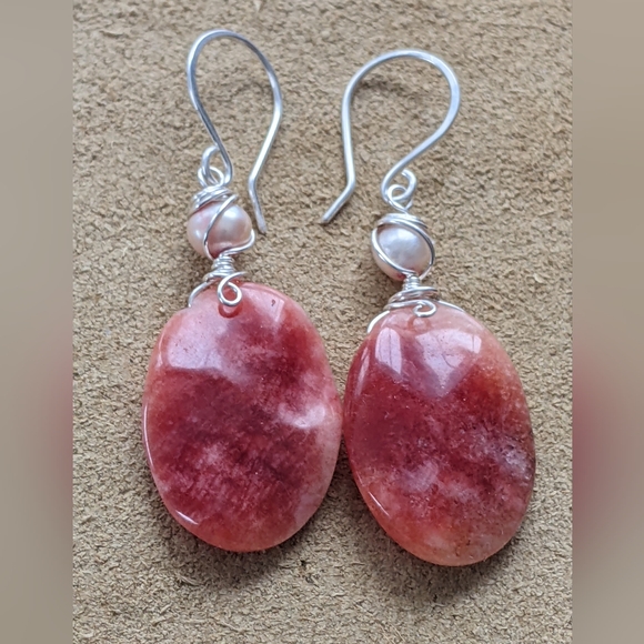 Strawberry Rhodochrosite Earrings Handmade In Pure Sterling Silver With Pearls - Picture 3 of 16